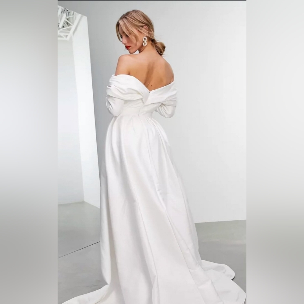 Ivory Satin Structured Off Shoulder Wedding Dress